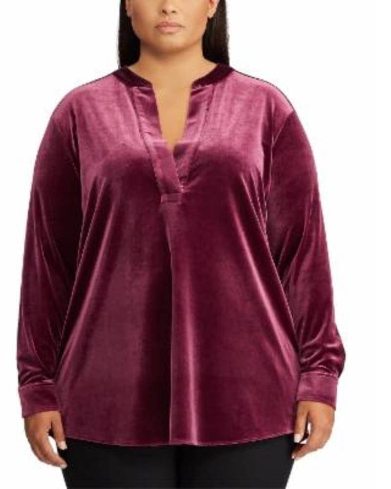 Front of a model wearing a size 3X Lauren Ralph Lauren Women's Plus Size Stretch Velvet Blouse Pink Size 3X in Pink by Ralph Lauren. | dia_product_style_image_id:311331